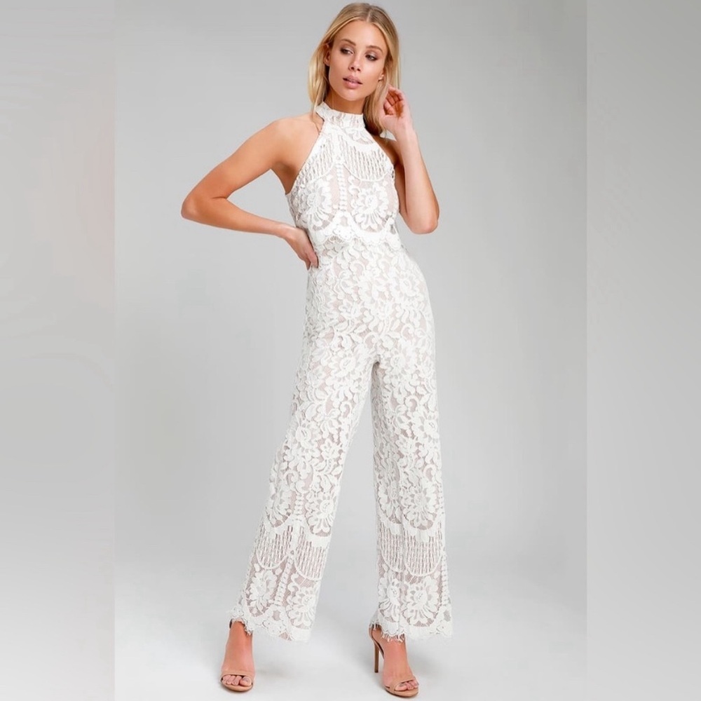 NEW LULU’S Britney White Lace Halter Jumpsuit Size Large NWOT